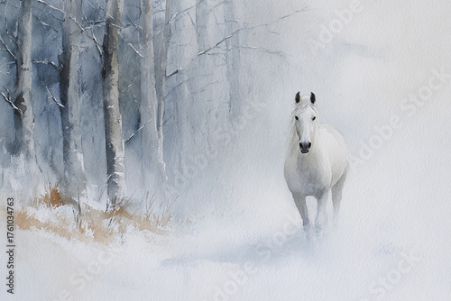watercolor illustration of a gorgeous wild horse galloping through the foggy winter forest, minimalistic style, copy space