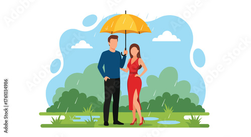 A flat style vector of romantic couple walking under umbrella in gentle rain, symbolizing tenderness and love
