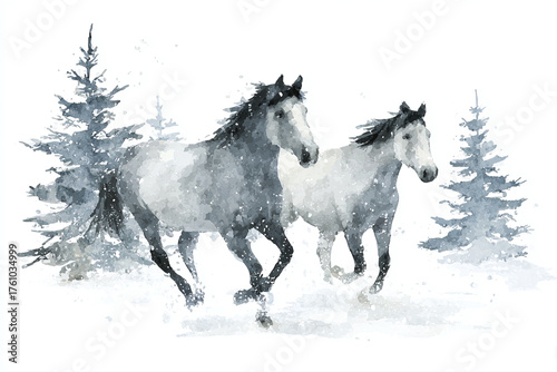 watercolor illustration of gorgeous wild horses galloping through the snowy winter forest, minimalistic style, copy space