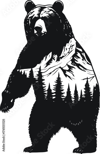 Bear standing with mountain silhouette inside body double exposure style in line art 1