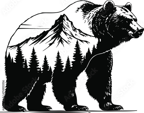 Bear standing with mountain silhouette inside body double exposure style in line art 3