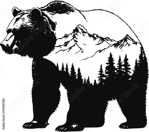 Bear standing with mountain silhouette inside body double exposure style in line art 2