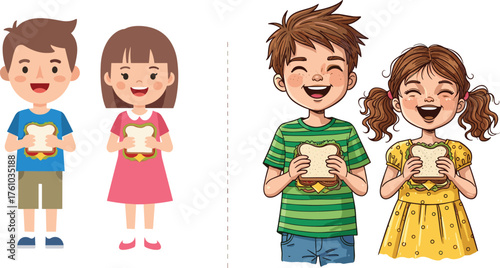 Cartoon children holding sandwiches, dual illustration styles, cheerful food moment, animated lifestyle, layered snack joy, expressive characters, playful contrast