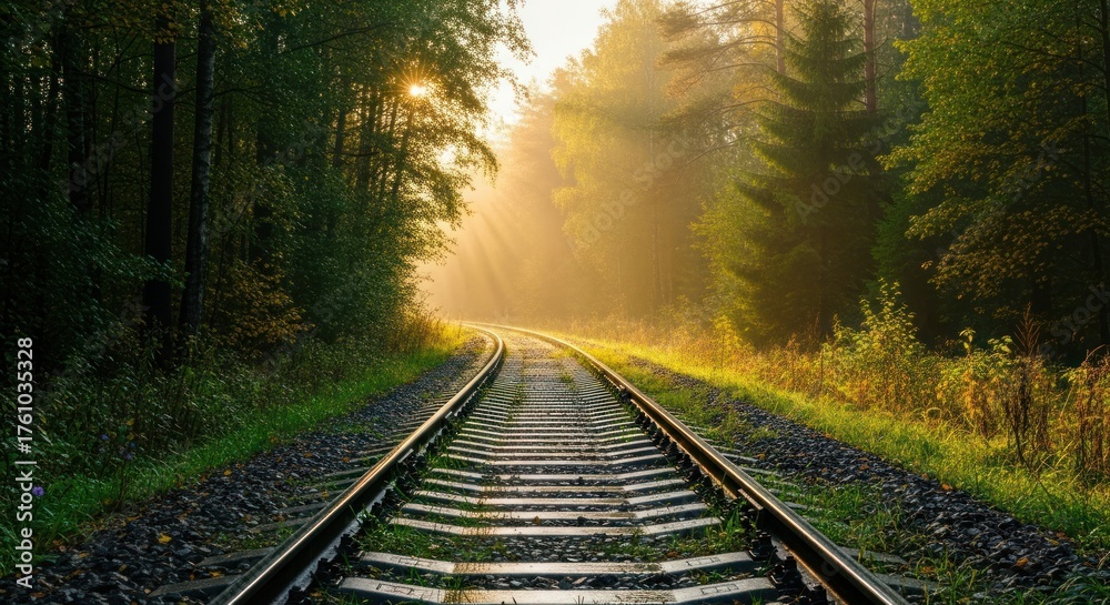 Fototapeta premium Railroad Tracks Leading Through a Sunlit Forest.