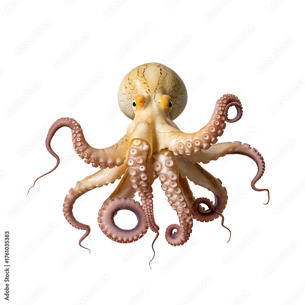 Obraz premium A single light brown octopus with eight tentacles spread out and coiled in a circular pattern isolated on transparent background