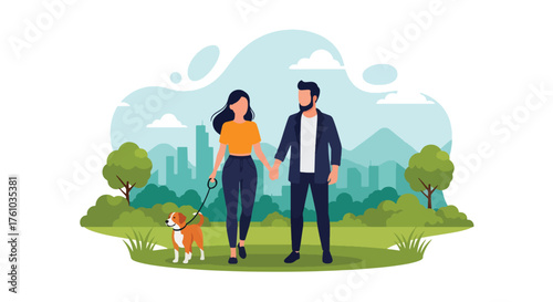 A cute flat vector of romantic couple walking dog together in park, symbolizing harmony, care, and outdoor relaxation