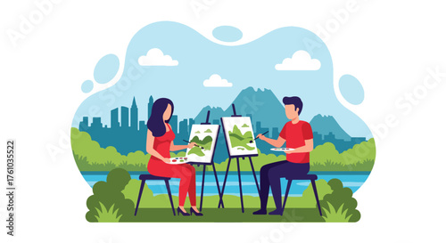 A creative flat vector of romantic couple painting outdoor landscape by riverside, love and art expression theme
