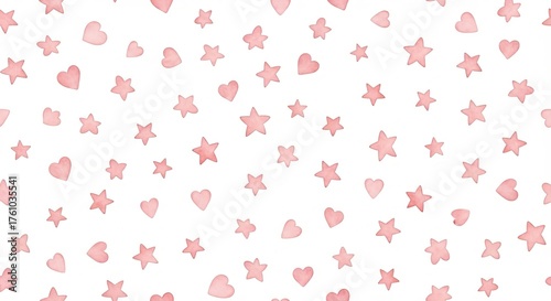 Watercolor pattern featuring pink hearts and stars scattered on a white background in a random design