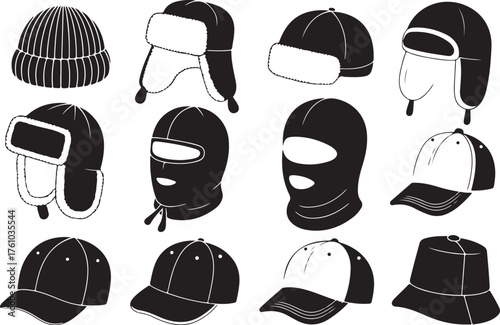 Collection of Winter and Casual Hats Illustration in Black and White Graphic Style Diverse Headwear Styles for Different Weather