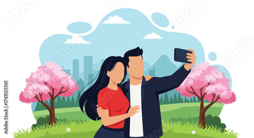 A bright flat vector of romantic couple taking selfie under cherry blossoms in spring park, symbolizing love and beauty