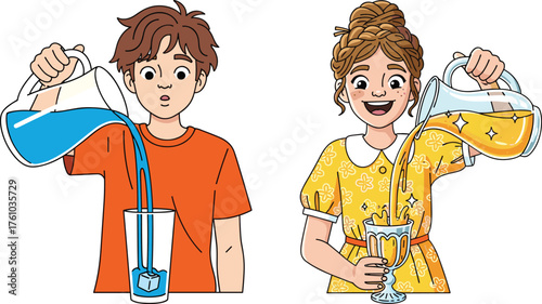 Cartoon children pouring colorful drinks, whimsical beverage contrast, cheerful lifestyle, animated snack moment, sparkly liquid, expressive posture, fantasy refreshment