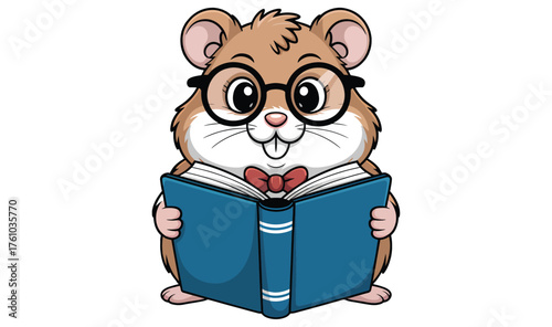 Cute cartoon hamster with glasses reading a book. Smart bookworm rodent vector illustration for kids.