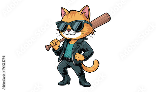 Cool cat cartoon character with sunglasses and baseball bat. Tough 'bad boy' ginger cat vector illustration.