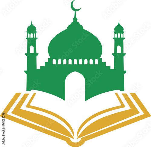 Green mosque and open book symbol islamic culture religious faith symbolism flat design vector illustration isolated on transparent background
