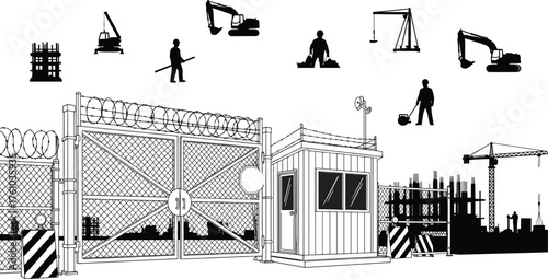 Construction site security gate and guard booth with workers, cranes, and excavators vector illustration for industrial safety and access control