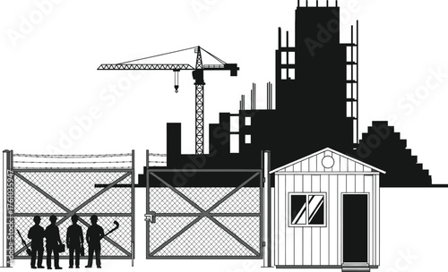 Construction site with crane, workers, security gate, and guard house vector illustration for industrial safety management and building project area