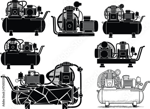 Industrial air compressor machine collection illustration showing different designs, mechanical equipment, pneumatic power tools, and engineering component vector set