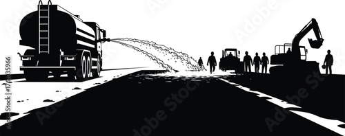 Construction workers with machinery and water tanker preparing road surface, asphalt paving process under development, industrial teamwork scene, black silhouette vector illustration