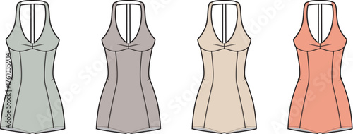 Versatile women's one-piece swimsuit illustrations in a range of soft, muted colors, perfect for fashion design concepts, summer apparel collections, and wardrobe styling graphics