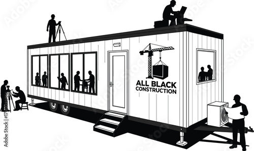 Mobile construction office trailer with workers, architects, and engineers teamwork vector illustration for industrial site management and project planning