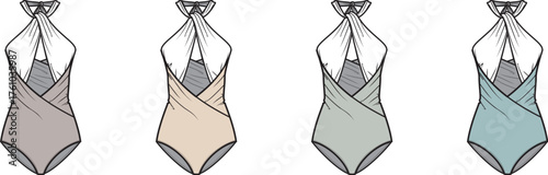 Collection of four stylish halter neck swimsuits in different muted colors, showcasing fashionable swimwear designs