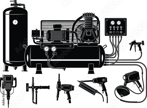 Industrial air compressor system with pneumatic tools and control panel illustration showing factory machinery equipment and engineering power vector design