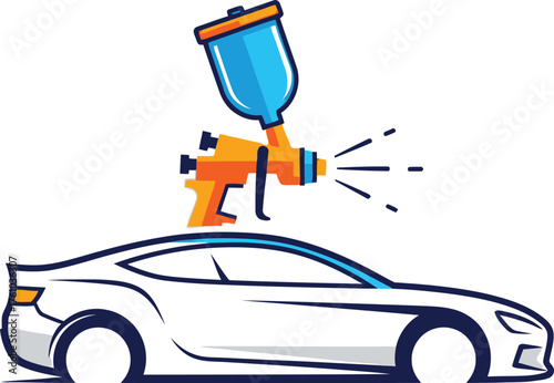 Professional car painting process with spray gun detailing a sleek silver automobile flat design vector illustration isolated on transparent background