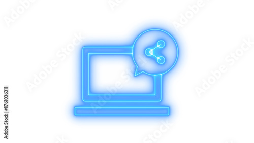 Glowing neon laptop with share symbol icon isolated on transparent background. Sharing data. Digital communication. Social network. File transfer.