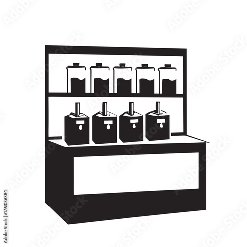 Bulk food display with jars and containers on wooden shelf for eco-friendly shopping. This bulk food setup includes various containers showcasing grains, nuts, and spices for sustainable living.