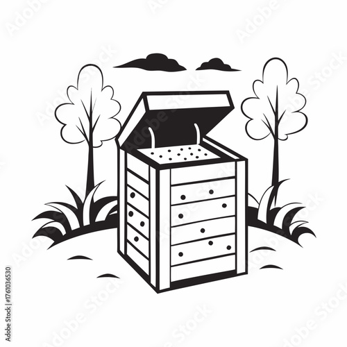 Garden compost bin surrounded by green trees and bushes in outdoor environment. Compost bin contains organic waste in layers for eco-friendly gardening.