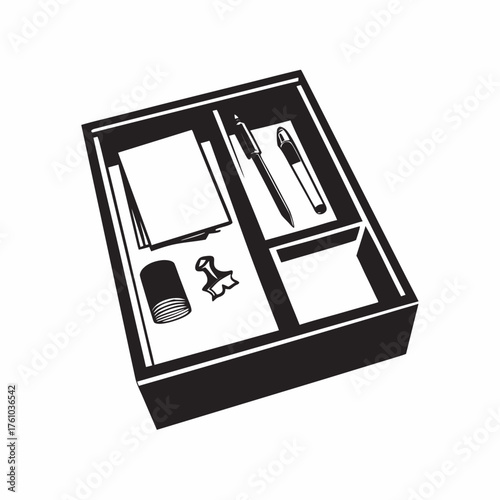 Office supplies organization in wooden box with pens, sticky notes, and paperclips displayed neatly for workspace efficiency.