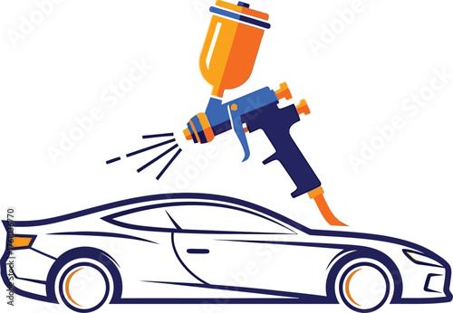 Car painting process automotive refinishing spray gun applying color to vehicle bodywork. flat design vector illustration isolated on transparent background