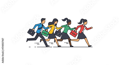 Business people running with briefcases a diverse team racing to succeed in the corporate world depicting ambition competition and career goals.