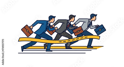 Business people racing to the finish line sprinting with briefcases across the finish line illustrating ambition competition and career success.