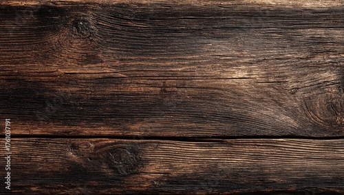 Rich, dark, weathered wood planks show prominent grain patterns and knots.