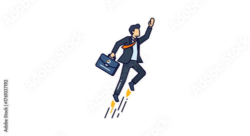 Business professional taking off with briefcase symbolizing career success and innovation in a startup for marketing campaigns and entrepreneurial spirit.