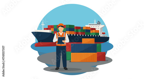cargo inspector checking shipping containers near a cargo ship overseeing international trade illustrating global logistics and supply chain efficiency