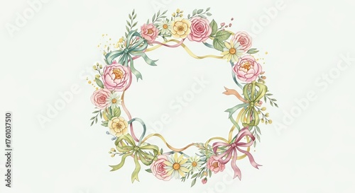 Watercolor floral wreath with pink roses yellow daisies and green bows on a white background art