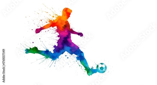 Watercolor style artwork depicting a soccer player kicking a ball against a white studio background