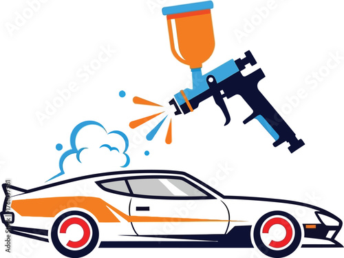 Automotive paint spray gun applying color to classic sports car restoration and repair flat design vector illustration isolated on transparent background