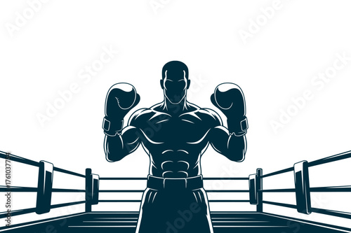 Silhouette boxer standing ready in ring illuminated by bright light dramatic athleticism silhouette