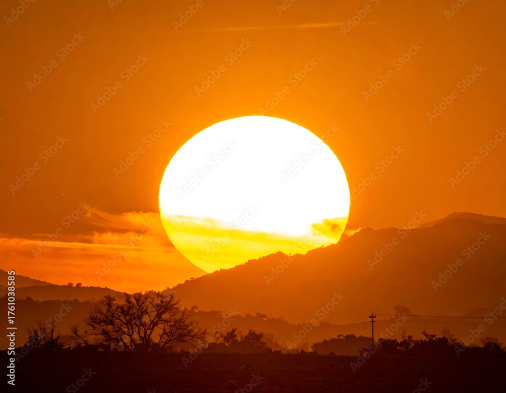 Obraz premium Golden hour captures a large sun setting behind silhouette mountains