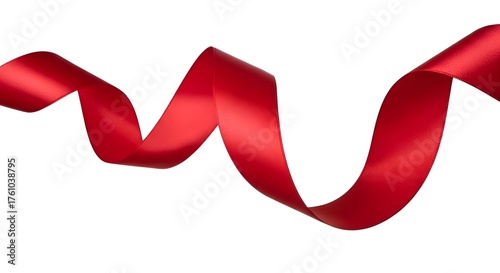 Elegant red satin ribbon flowing in a wave pattern isolated on a white background, perfect for gift wrapping, holiday decorations, and romantic themes.