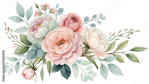 Soft Pastel Watercolor Floral Bouquet with Roses and Peonies, Elegant Botanical Art