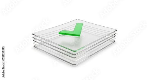 Stack of Transparent Documents with Green Check Mark.
