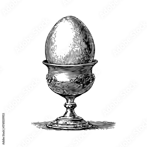 Detailed hand-drawn sketch of an egg in a decorative egg cup in engraving style on white, concept of retro kitchenware and culinary elegance