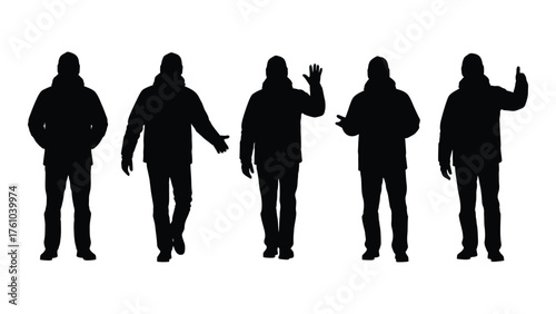 Silhouettes of five people standing in various poses and gestures captured in black and white silhouette