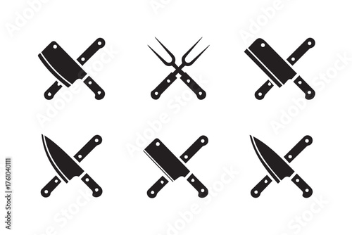 crossed chef knife cleaver and meat fork silhouettes six vector icons ideal for butcher steakhouse logo signage and menu design
