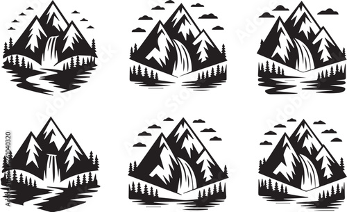 monochrome mountain emblems with waterfalls rivers and pine trees vector illustrations for nature logos