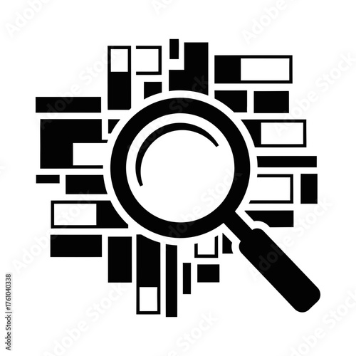 Magnifying glass over scattered blocks silhouette vector illustration